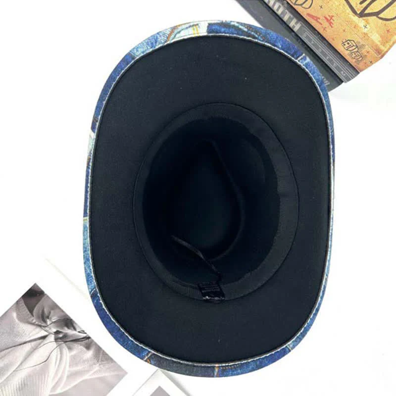 Color-blocking Design Green Feathers Denim Cowboy Hat - Image 3