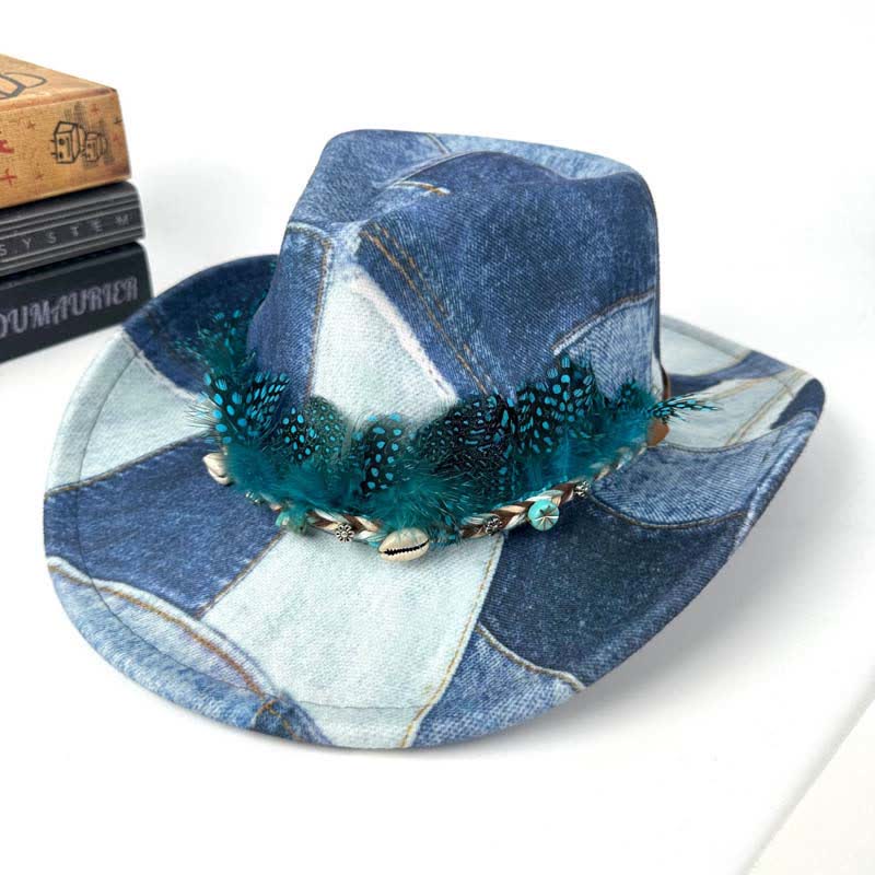 Color-blocking Design Green Feathers Denim Cowboy Hat - Image 4