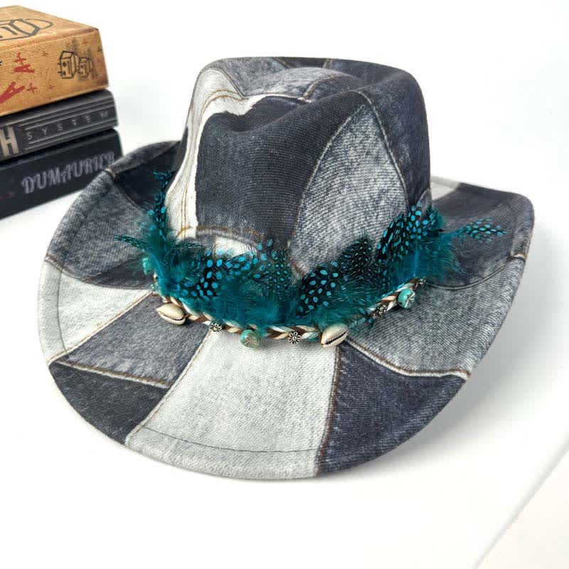 Color-blocking Design Green Feathers Denim Cowboy Hat - Image 5