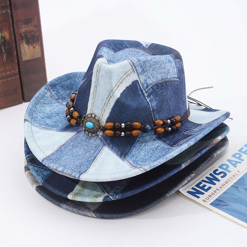 Color-blocking Design Wooden Beads Band Denim Cowboy Hat - Image 2