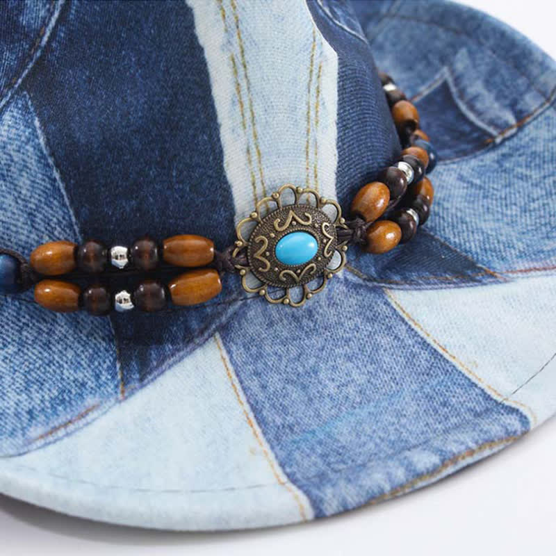 Color-blocking Design Wooden Beads Band Denim Cowboy Hat - Image 4