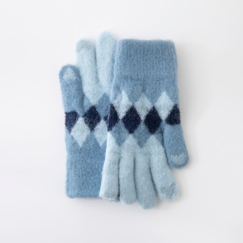 Colorful Diamond Pattern Warm Plush Knitted Gloves - Image 13