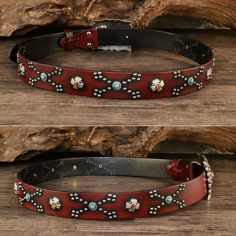 Colorful Gems Stone-Decorated Western Rivets Leather Belt - Image 5