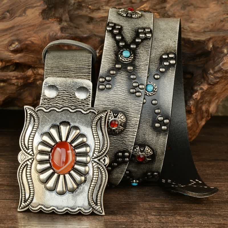 Colorful Gems Stone-Decorated Western Rivets Leather Belt - Image 8