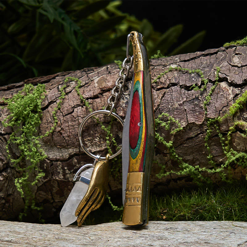 Colorful Handle Outdoor Folding Knife White Crystal Buddha Hand Keychain
