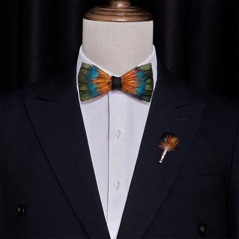 Colorful Spectrum Feather Bow Tie with Lapel Pin - Image 2
