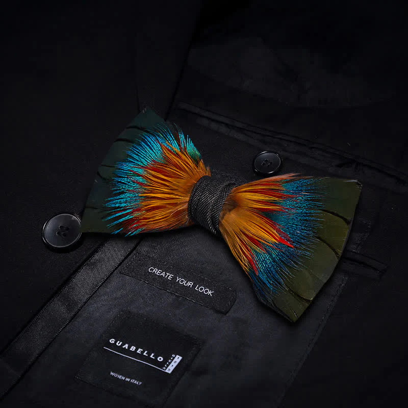 Colorful Spectrum Feather Bow Tie with Lapel Pin - Image 3