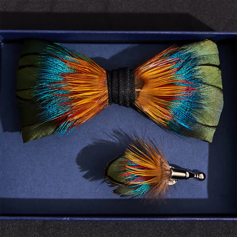 Colorful Spectrum Feather Bow Tie with Lapel Pin - Image 4