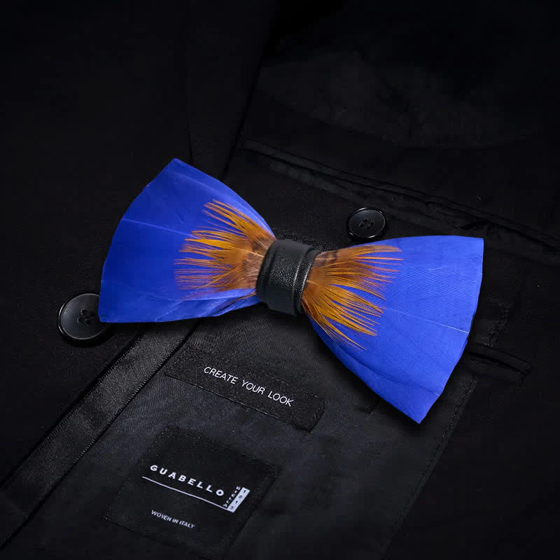 Cool Royal Blue & Orange Feather Bow Tie with Lapel Pin - Image 3