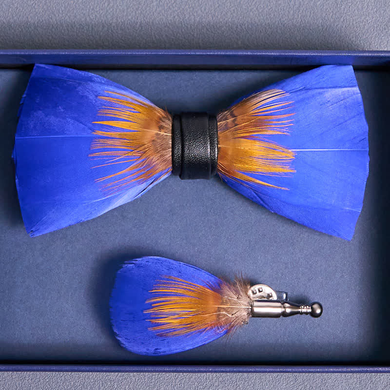 Cool Royal Blue & Orange Feather Bow Tie with Lapel Pin - Image 4