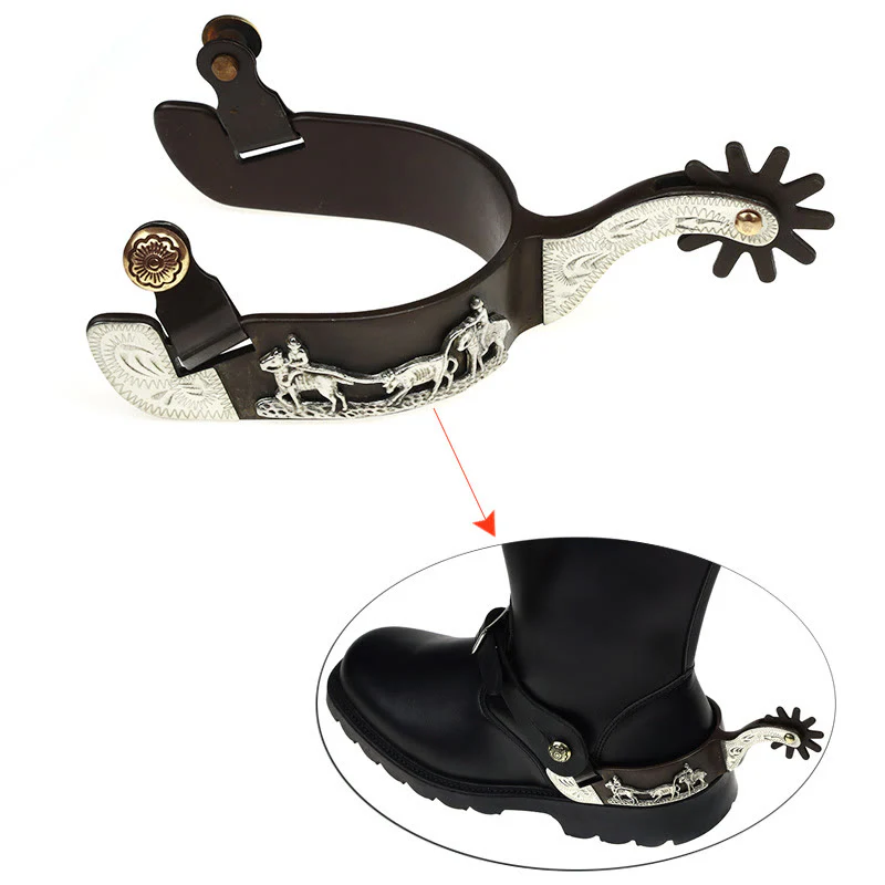 Copper Inlaid Horseman With Carved Edges Cowboy Spurs - Image 3