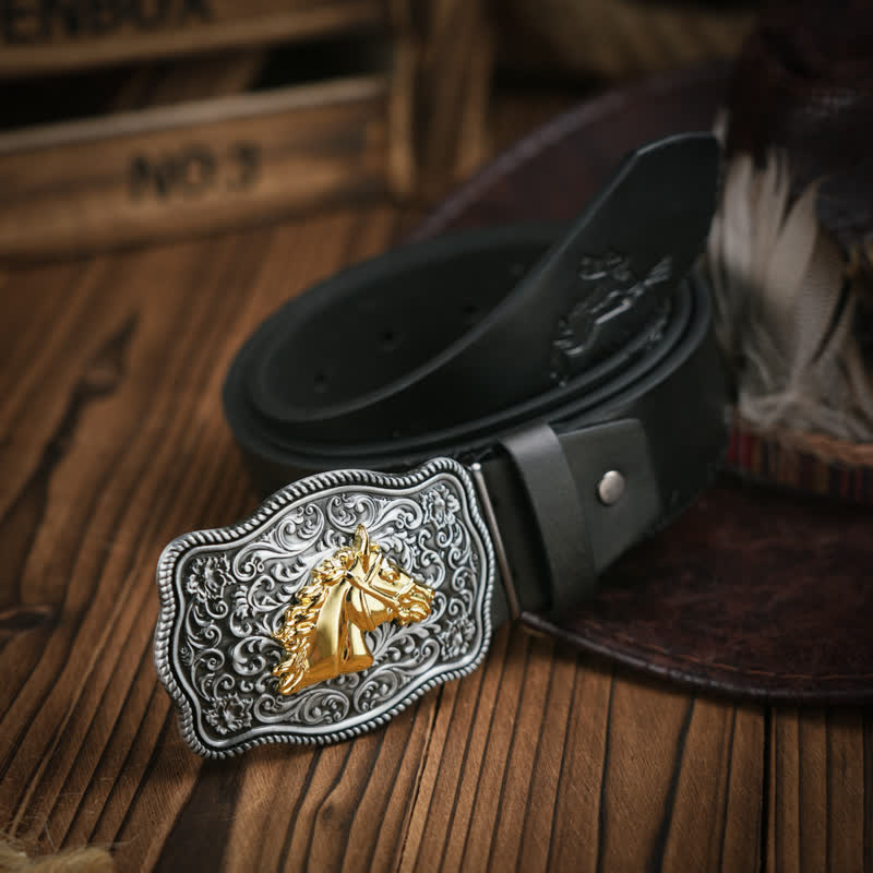 Cowboy Style Golden Horse Head Embossed Pattern Leather Belt - Image 3