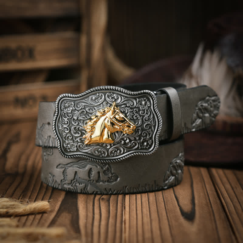 Cowboy Style Golden Horse Head Embossed Pattern Leather Belt - Image 4