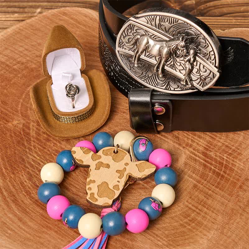 Cowgirl DIY Hidden Knife Belt Buckle Wood Beaded Bracelet Bundle Set - Image 4