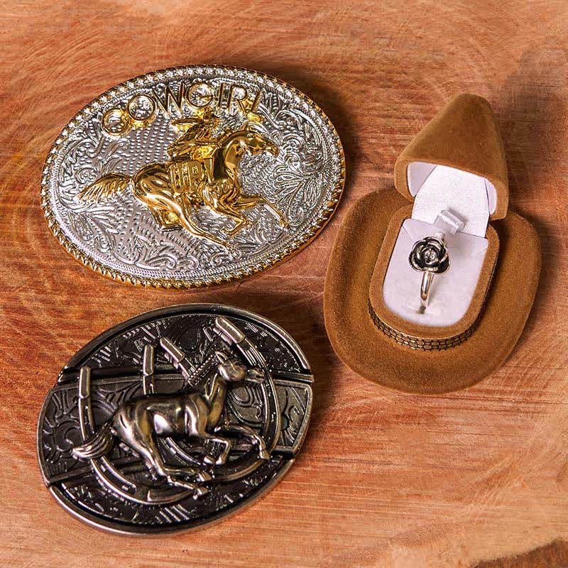 Cowgirl DIY Running Horse Hidden Knife Belt Buckle Twist Rose Ring Bundle Set - Image 2