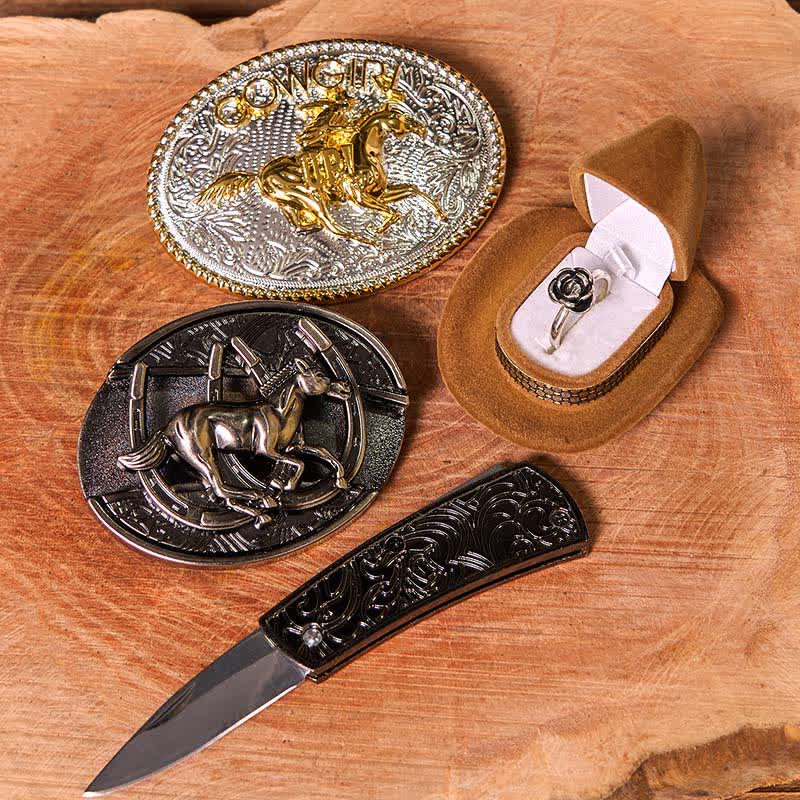 Cowgirl DIY Running Horse Hidden Knife Belt Buckle Twist Rose Ring Bundle Set - Image 3