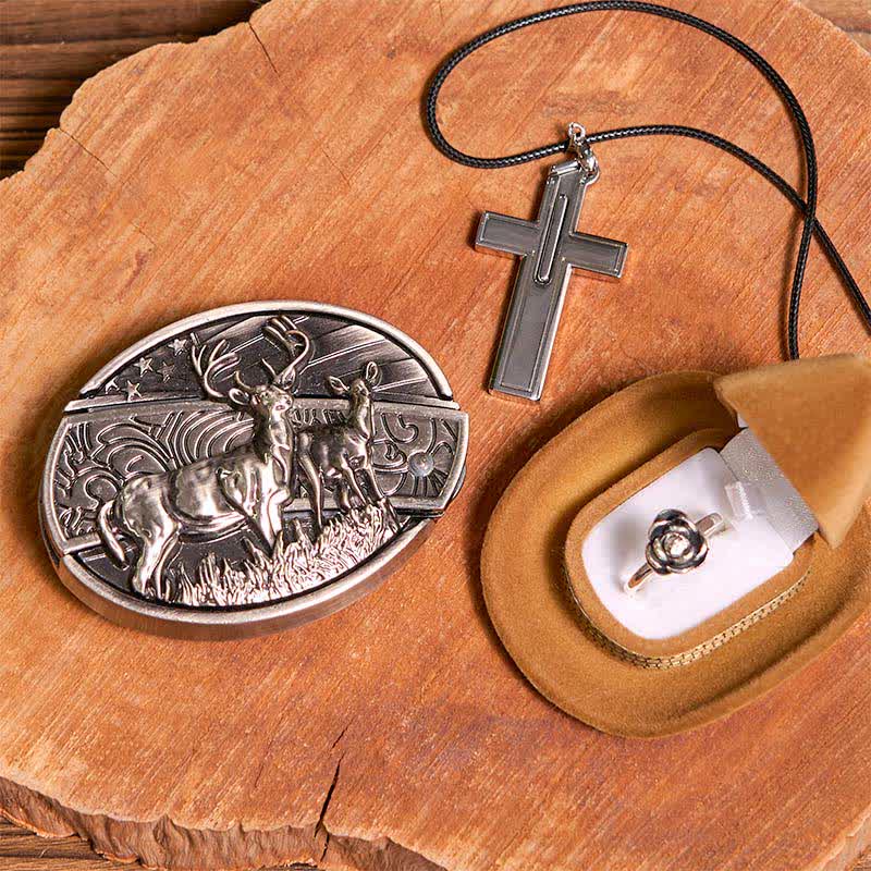 Creative DIY Deer Hidden Knife Belt Buckle Cross Necklace Rose Ring Bundle Set - Image 2