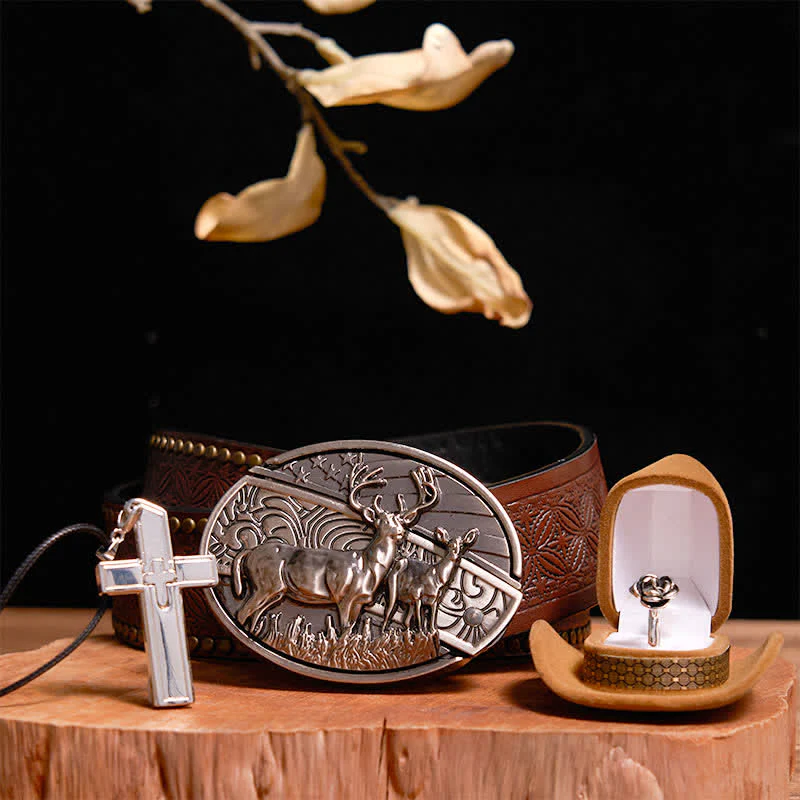 Creative DIY Deer Hidden Knife Belt Buckle Cross Necklace Rose Ring Bundle Set - Image 7