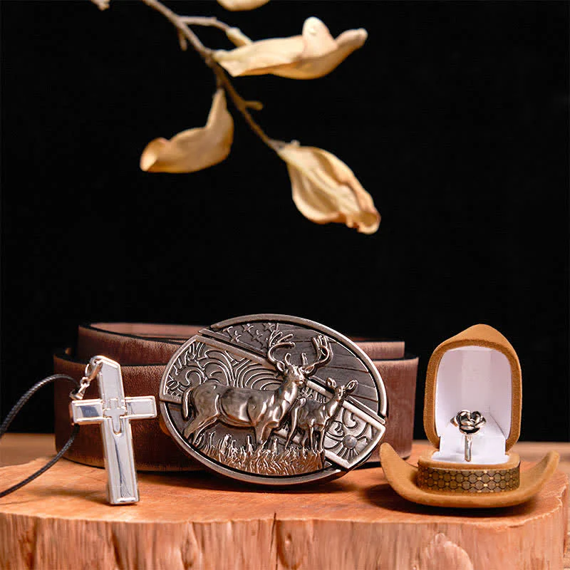Creative DIY Deer Hidden Knife Belt Buckle Cross Necklace Rose Ring Bundle Set - Image 8