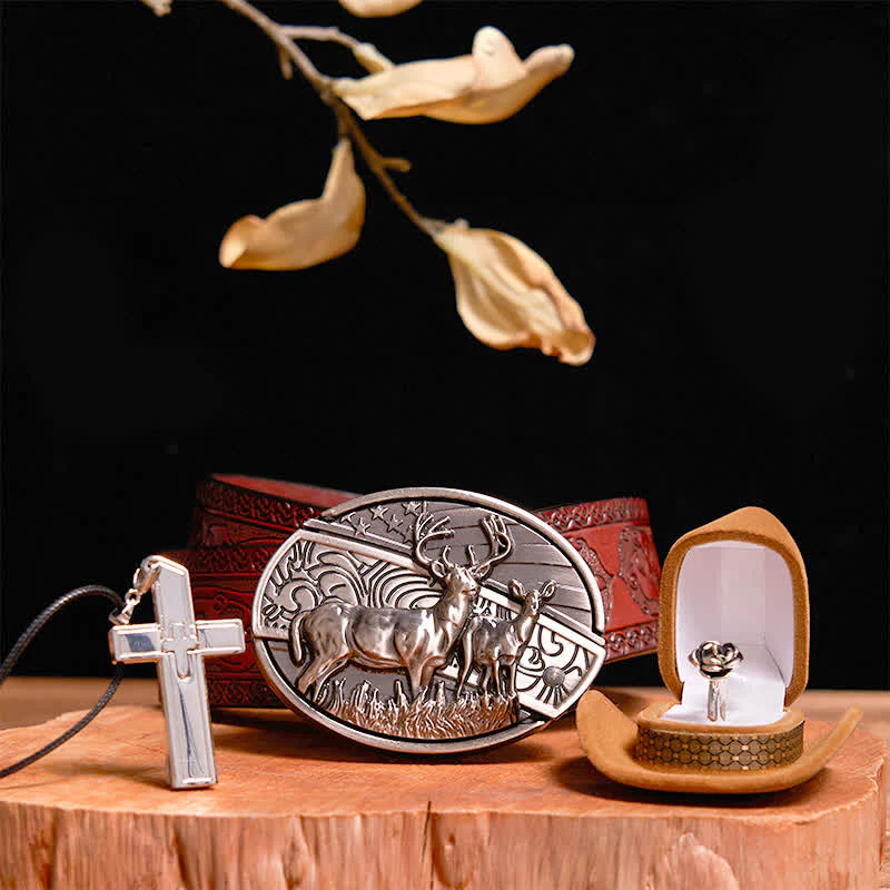 Creative DIY Deer Hidden Knife Belt Buckle Cross Necklace Rose Ring Bundle Set - Image 9