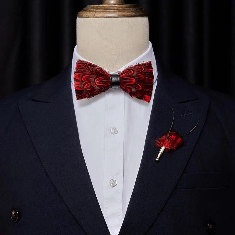 Crison & Black Peacock Feather Bow Tie with Lapel Pin - Image 2