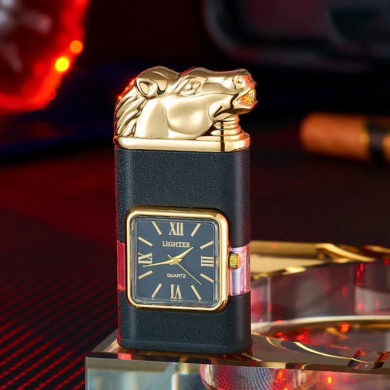 Horse Design Refillable Double Flame Butane Lighter With Clock - Image 2