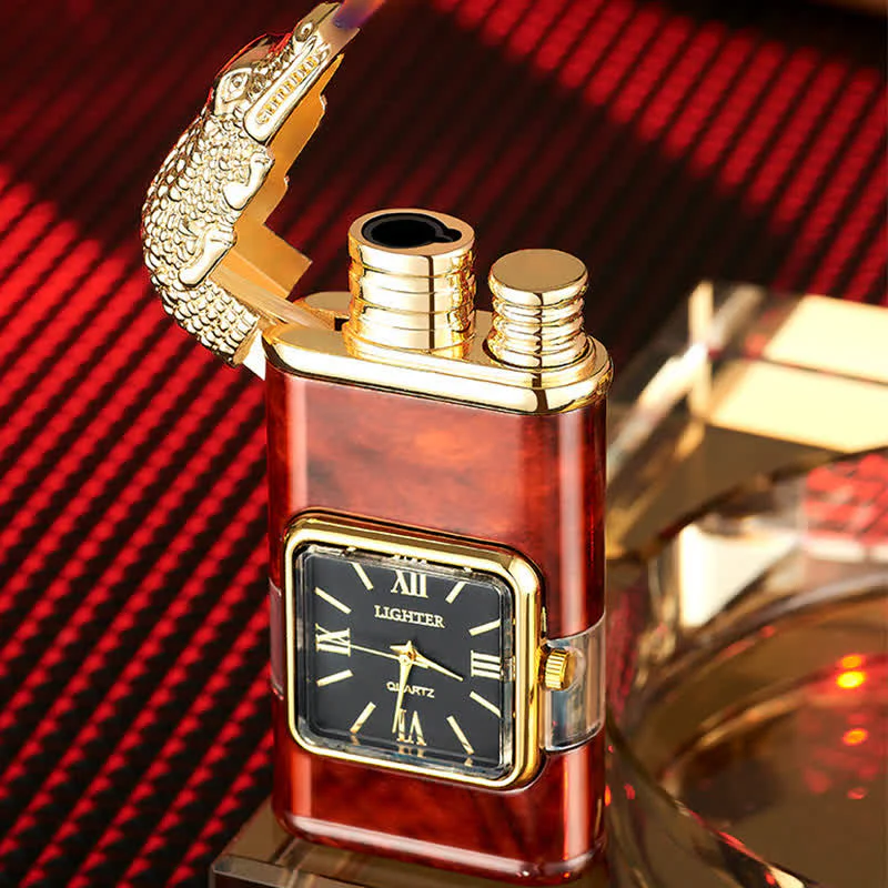 Crocodile Design Refillable Double Flame Butane Lighter With Clock - Image 2