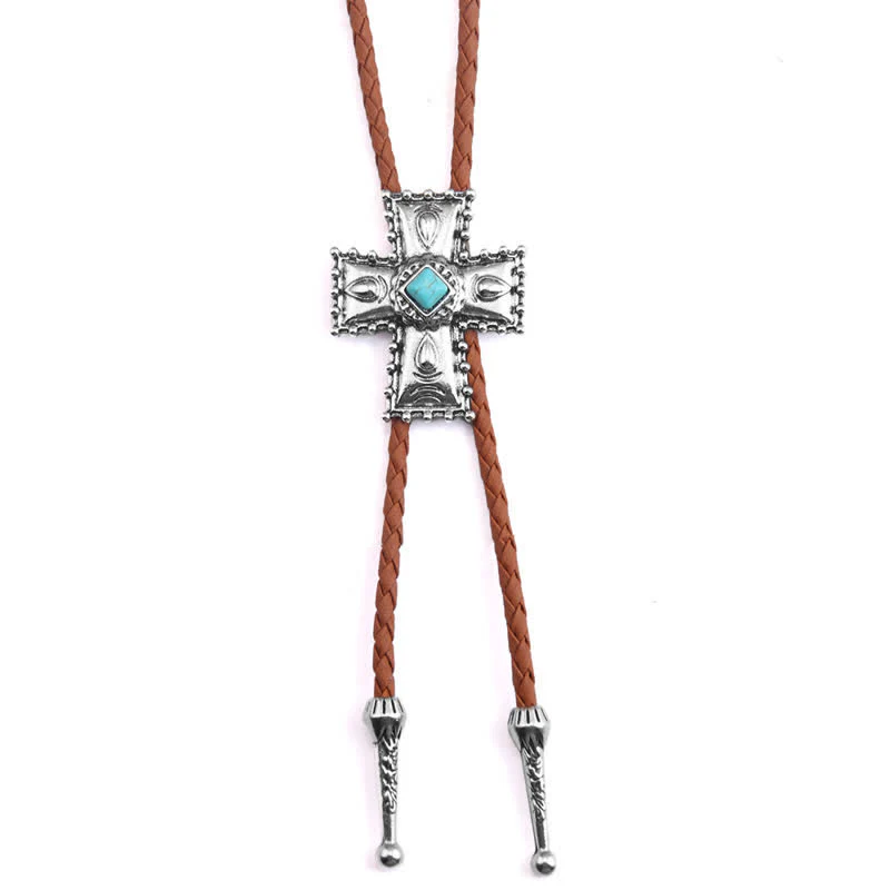 Cross Blue Artificial Stone Bolo Tie - Image 2