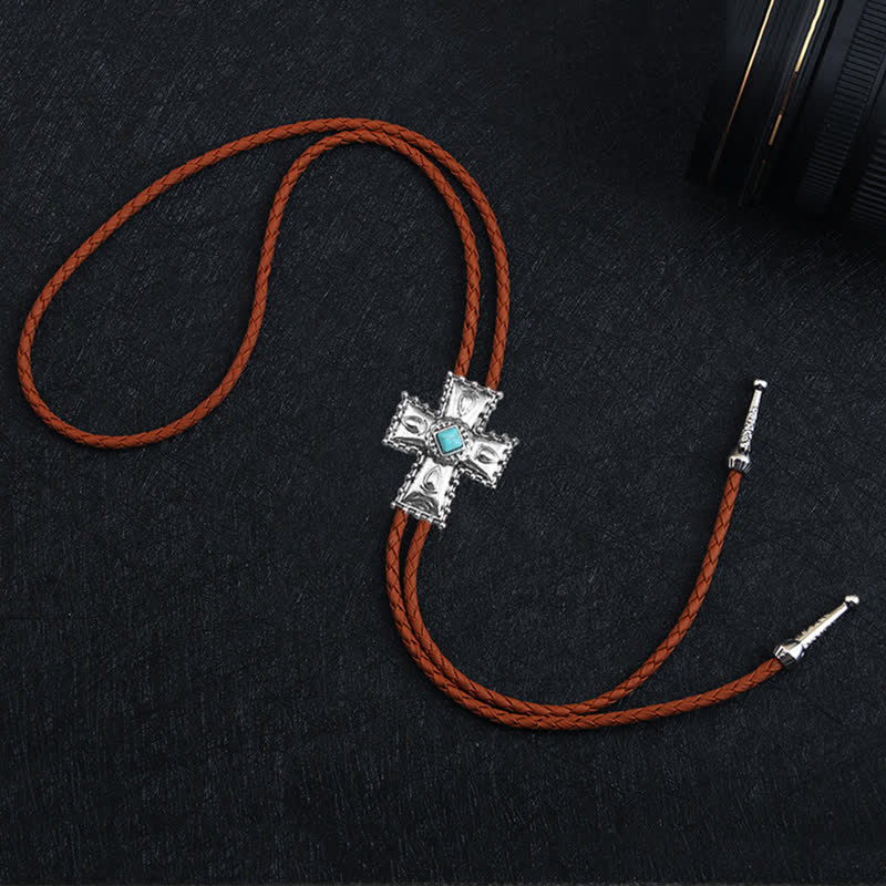 Cross Blue Artificial Stone Bolo Tie - Image 3
