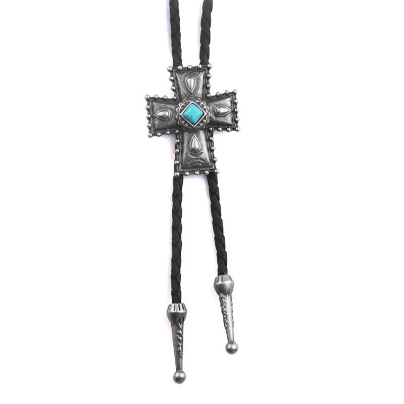 Cross Blue Artificial Stone Bolo Tie - Image 7