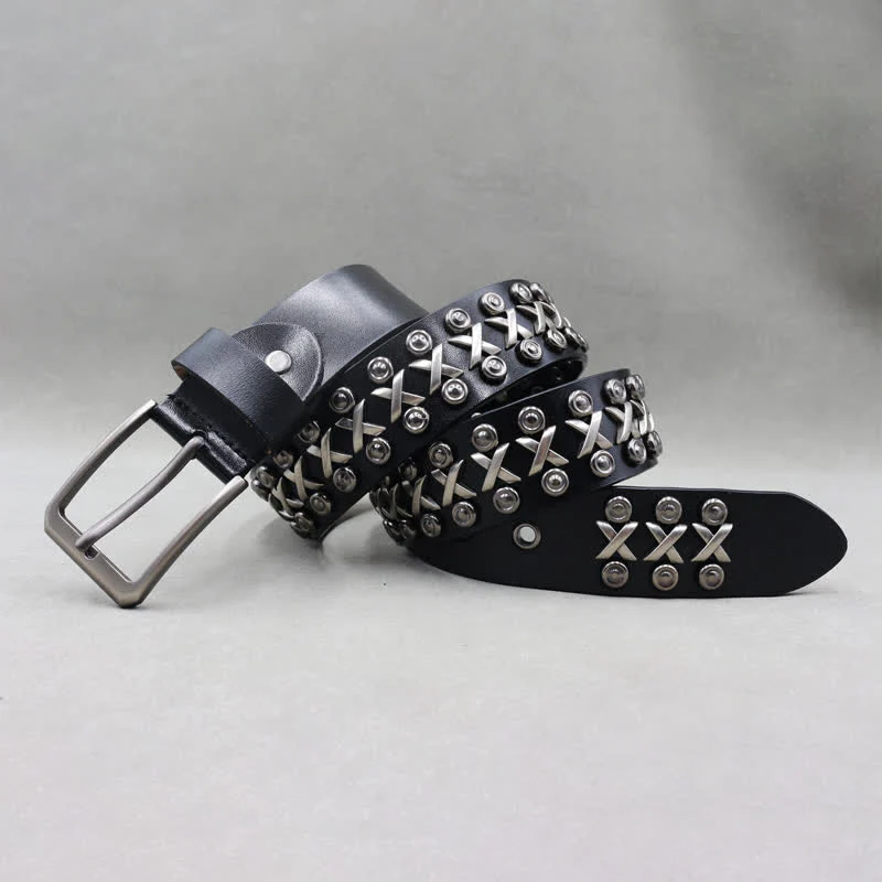Cross & Circle 3 Row Punk Rock Studded Leather Belt - Image 2