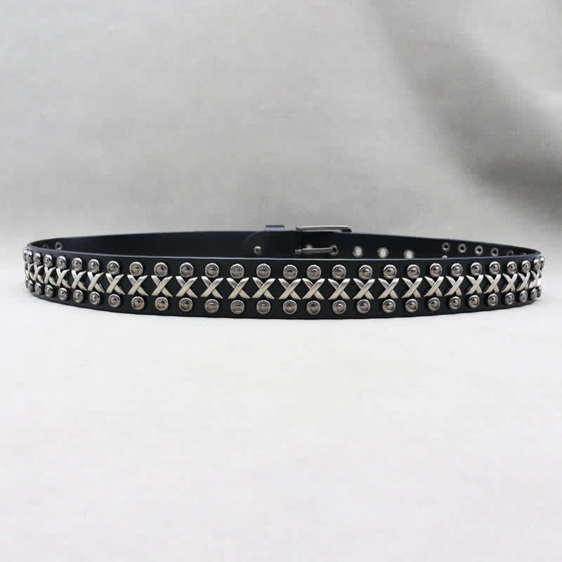 Cross & Circle 3 Row Punk Rock Studded Leather Belt - Image 6
