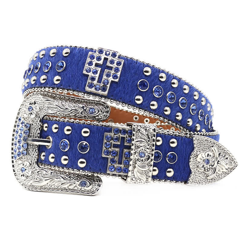 Cross Rivet Studded Bling Rhinestone Leather Belt - Image 10