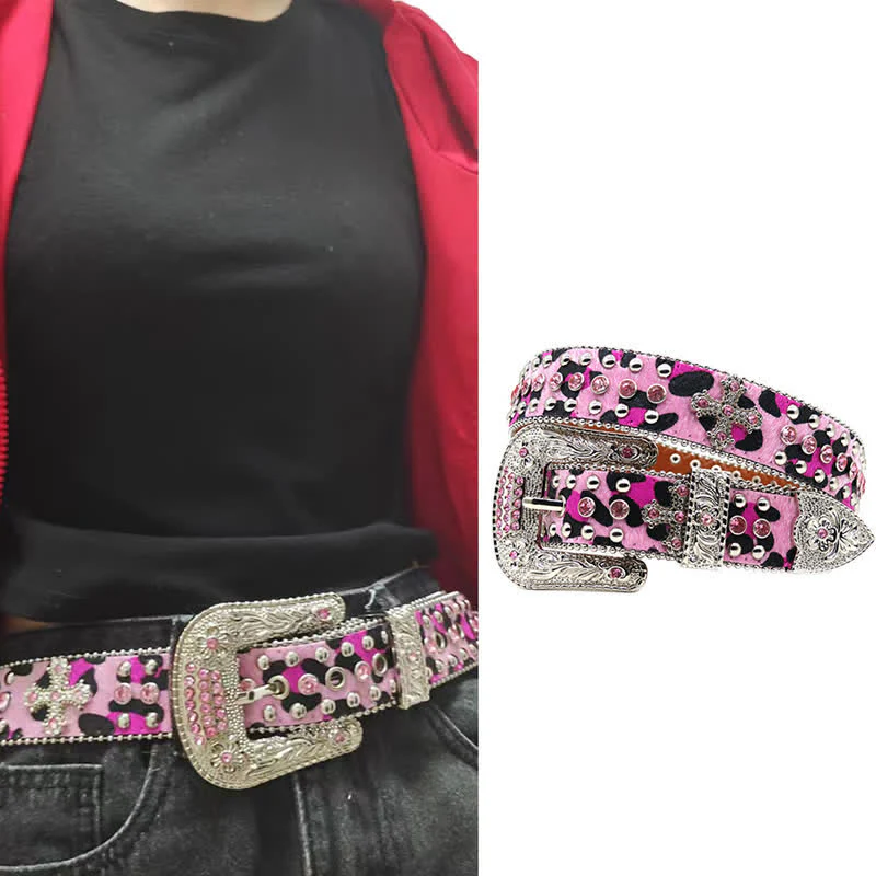 Cross Rivet Studded Bling Rhinestone Leather Belt - Image 2
