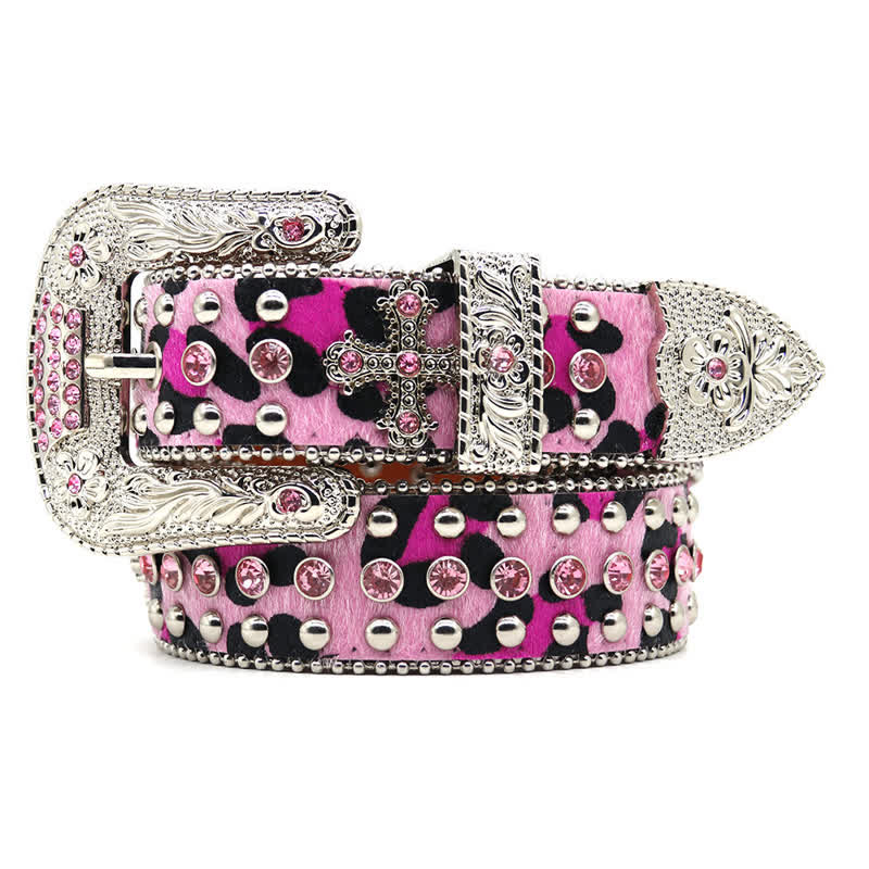 Cross Rivet Studded Bling Rhinestone Leather Belt - Image 3