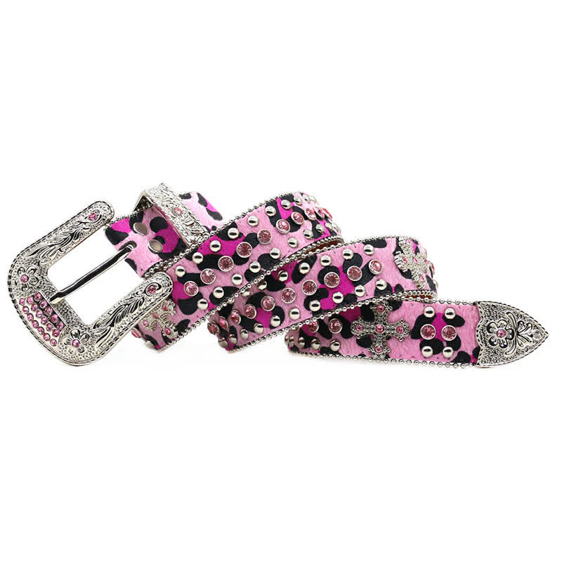 Cross Rivet Studded Bling Rhinestone Leather Belt - Image 4