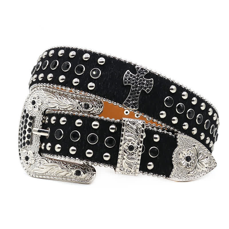 Cross Rivet Studded Bling Rhinestone Leather Belt - Image 7