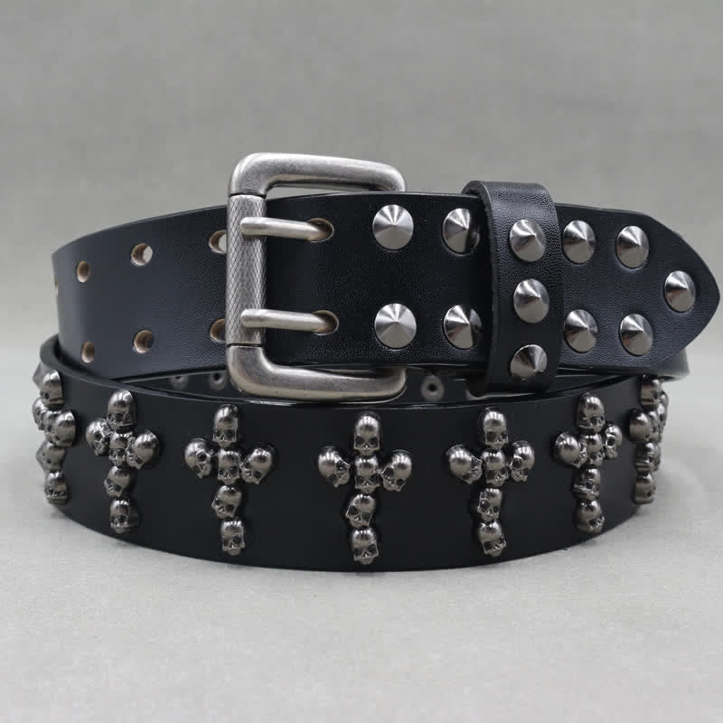 Cross Shape Skull Heads Rivets Double Pin Leather Belt - Image 2