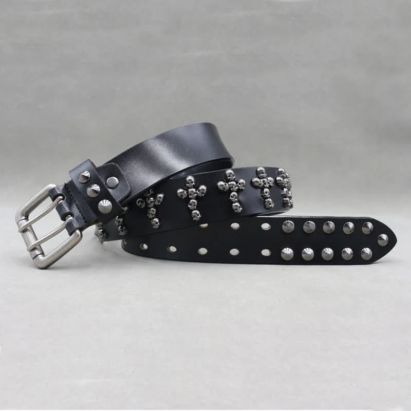 Cross Shape Skull Heads Rivets Double Pin Leather Belt - Image 3
