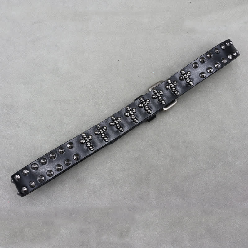 Cross Shape Skull Heads Rivets Double Pin Leather Belt - Image 7