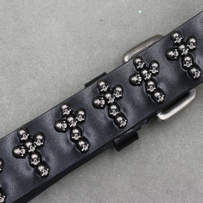 Cross Shape Skull Heads Rivets Double Pin Leather Belt - Image 8