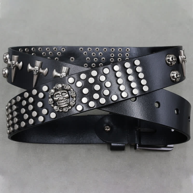 Cross & Skull 3 Row Punk Rock Studded Leather Belt - Image 2