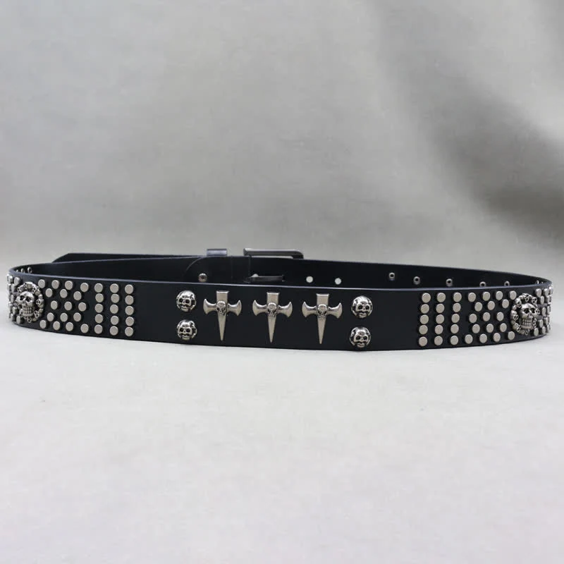 Cross & Skull 3 Row Punk Rock Studded Leather Belt - Image 5