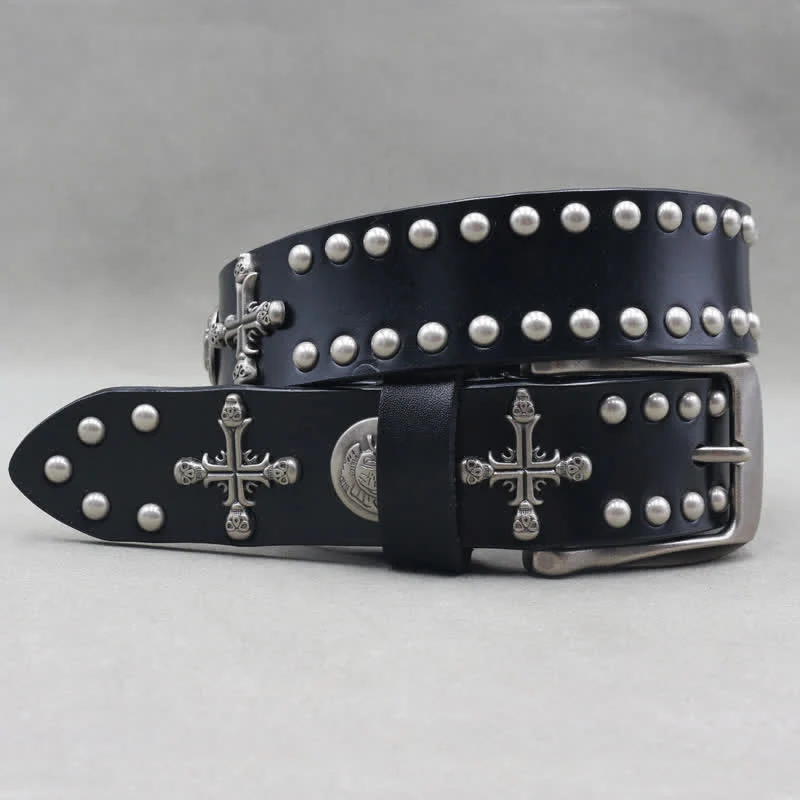Cross Skull Rivets Double Pin Leather Belt - Image 2
