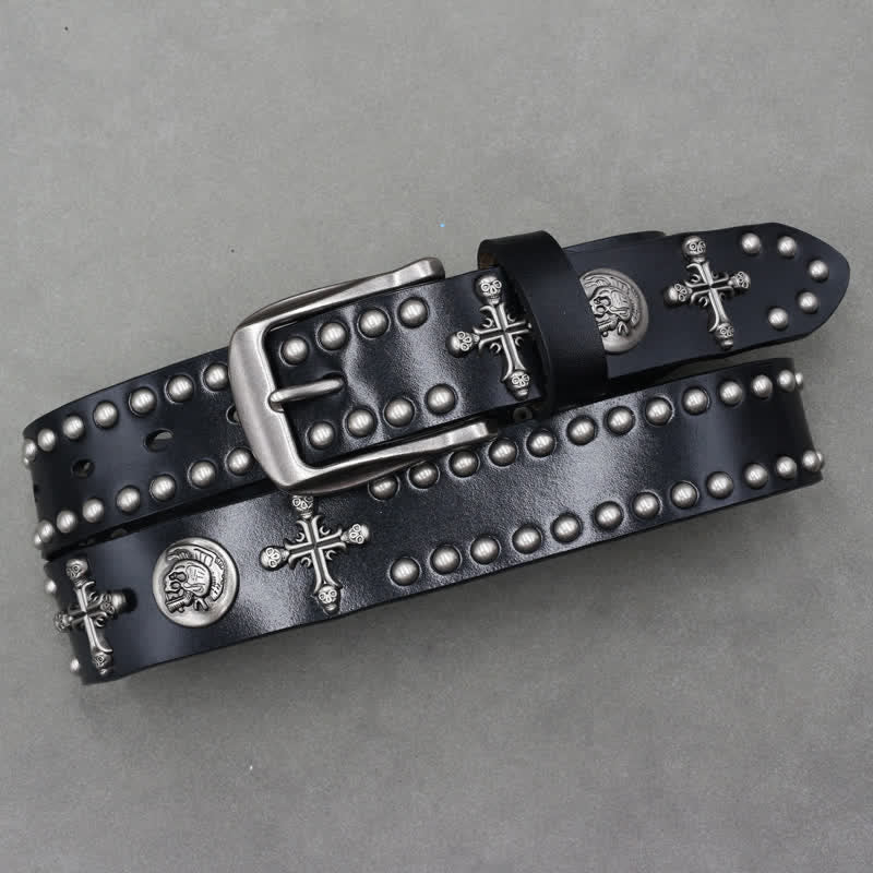 Cross Skull Rivets Double Pin Leather Belt - Image 5