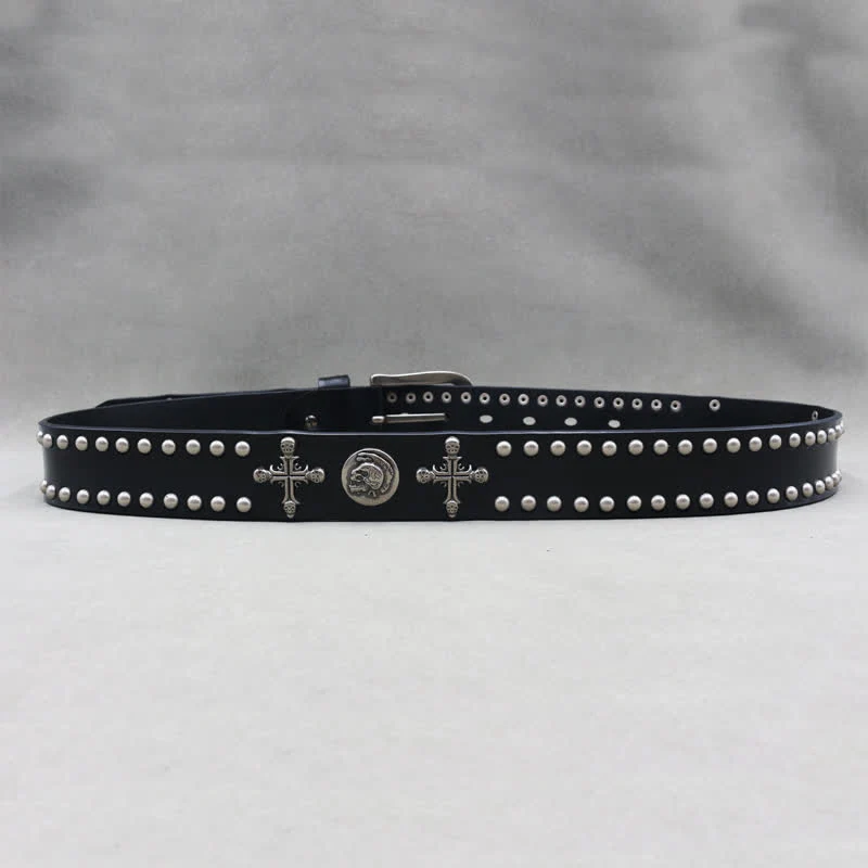 Cross Skull Rivets Double Pin Leather Belt - Image 7