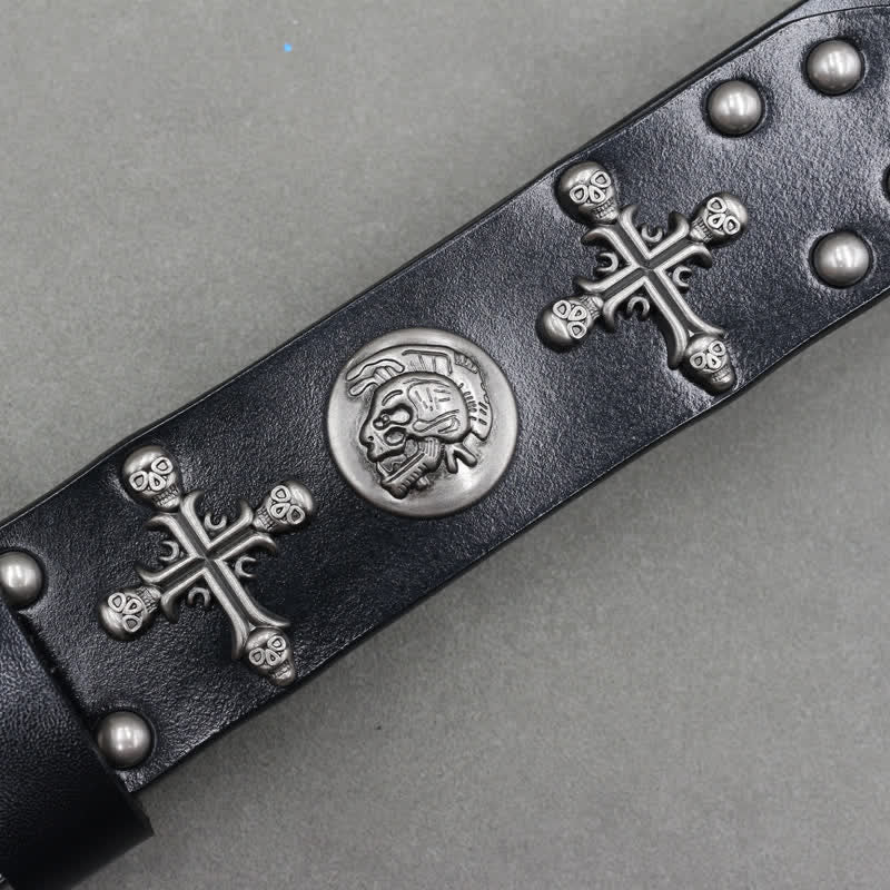 Cross Skull Rivets Double Pin Leather Belt - Image 8