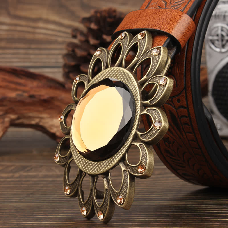 Crystal Burst Sunflower Buckle Leather Belt - Image 4