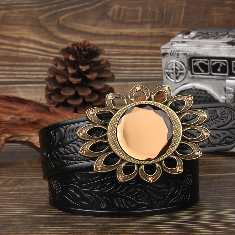 Crystal Burst Sunflower Buckle Leather Belt - Image 7