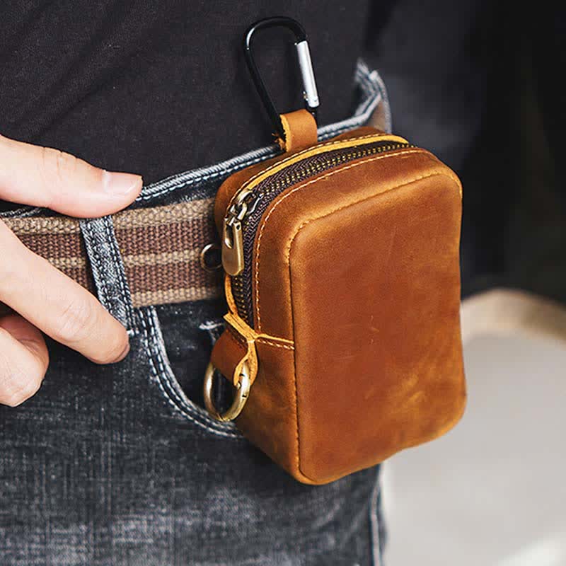Cube Outdoor Zipper Coin Genuine Leather Mini Belt Bag - Image 5